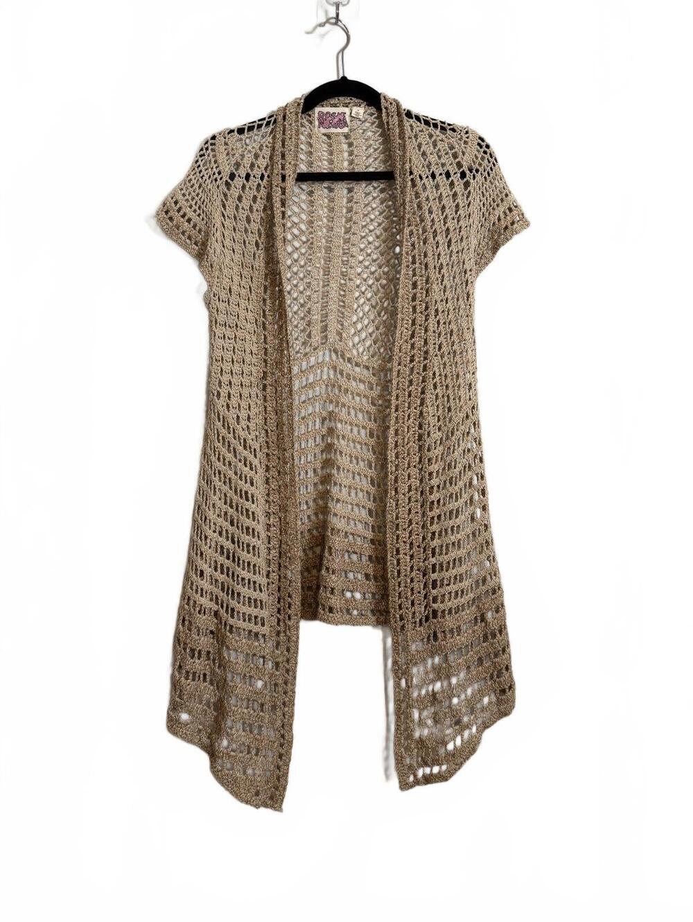 Y2K Bohemian Light Brown Crochet Open Front Short Sleeve Cardigan Sweater